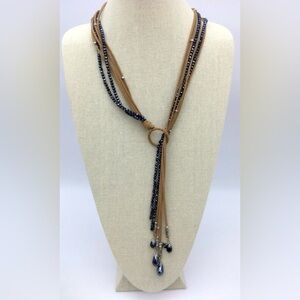 Chico's Brown Suede Cord and Blue Beaded Multi-Strand Lariat Necklace